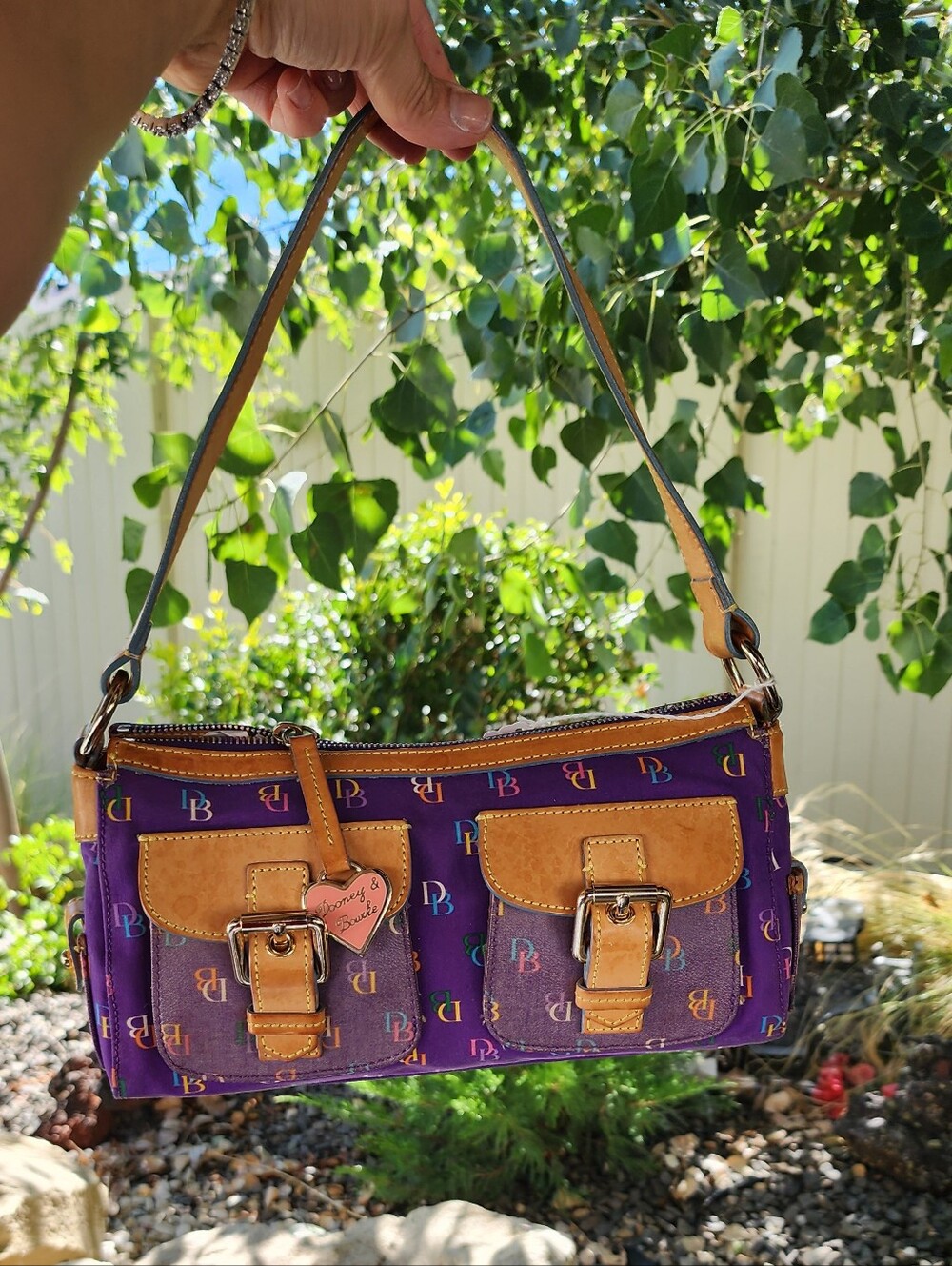 Dooney & Bourke Purple Logo Shoulder Bag with Tan Leather Trim